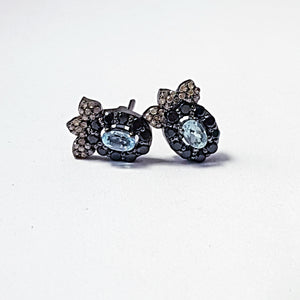 Pave Rosecut Diamond 925 Sterling Silver Handmade Pave Diamond Setting Earring Stud With Beautiful Black Stone And Blue Topaz
