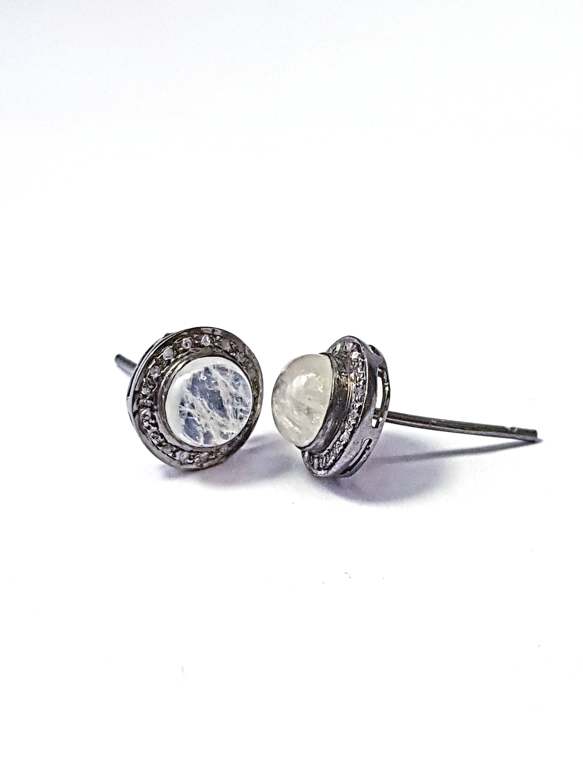 pave diamond moonstone stud earring Pave diamond earring 925 sterling silver earring pave diamond silver earring diamond earring jewelry