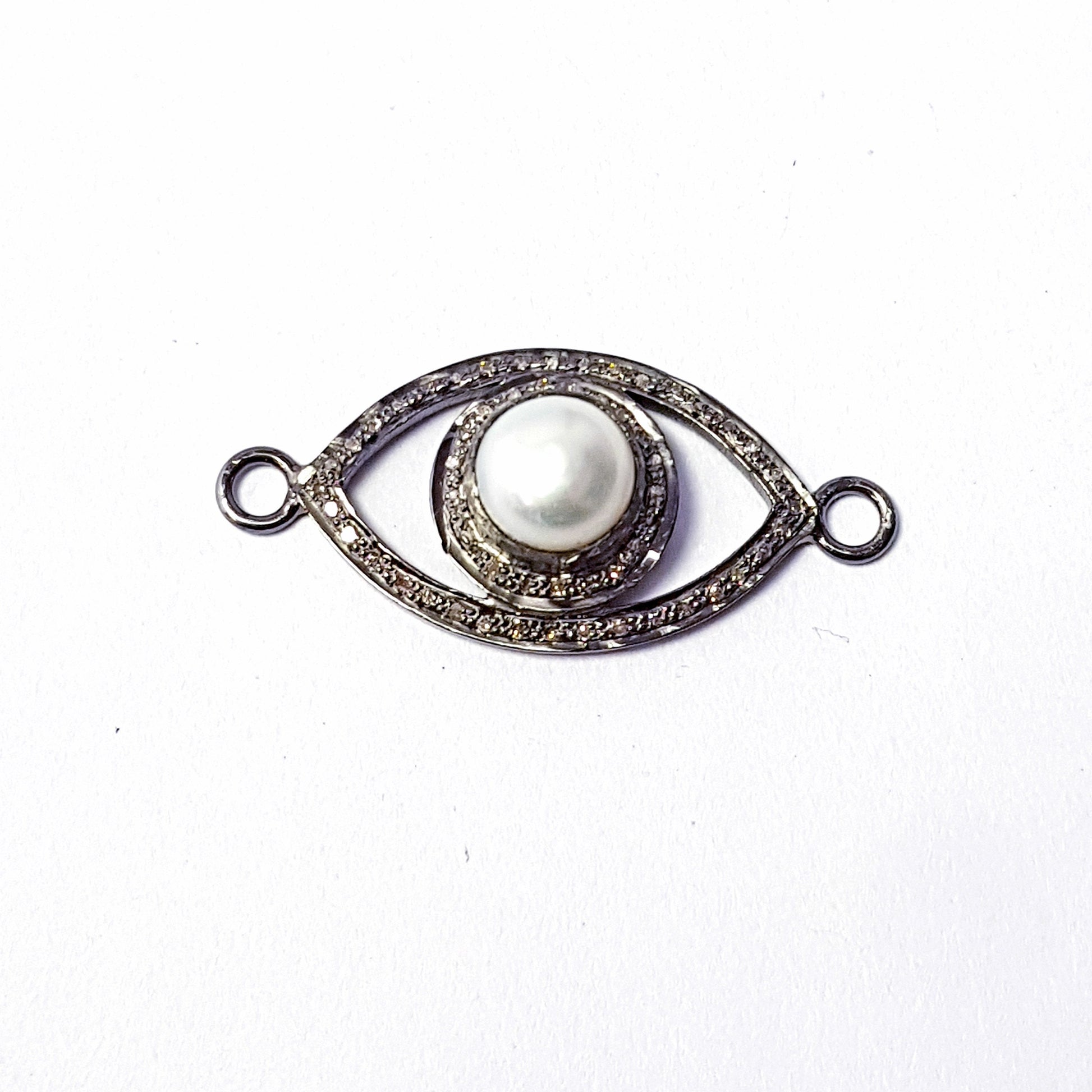 Beautiful Pearl Evil Eye Diamond Charm Pave Diamond Rosecut Connector 925 Sterling Silver Connector Handmade Diamond Bracelet Connector