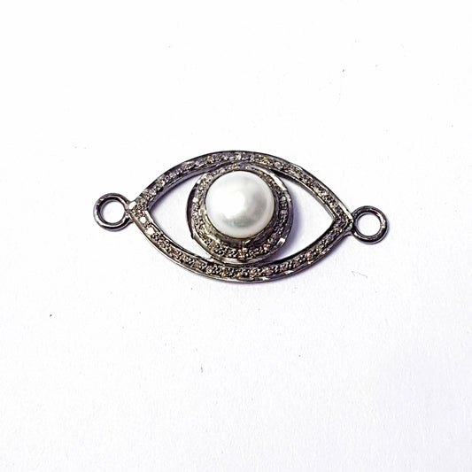 Beautiful Pearl Evil Eye Diamond Charm Pave Diamond Rosecut Connector 925 Sterling Silver Connector Handmade Diamond Bracelet Connector