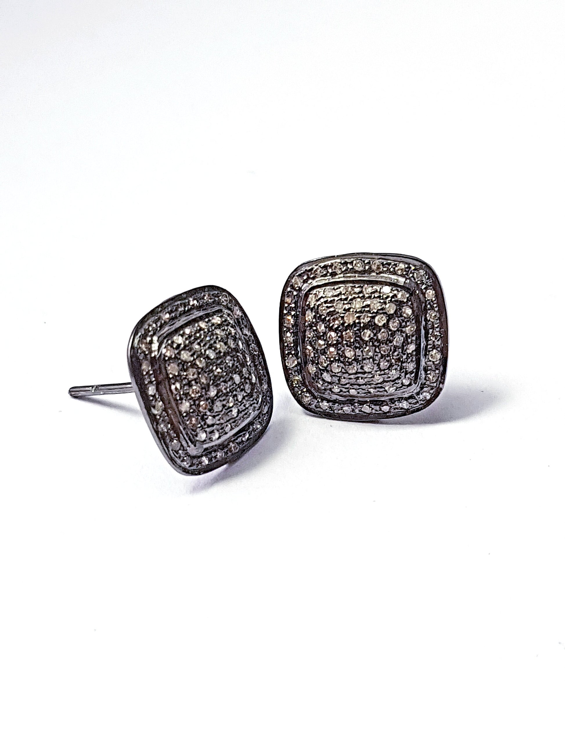 Pave Rosecut Diamond 925 Sterling Silver Handmade Squarer Design Pave Diamond Setting Stud Earring