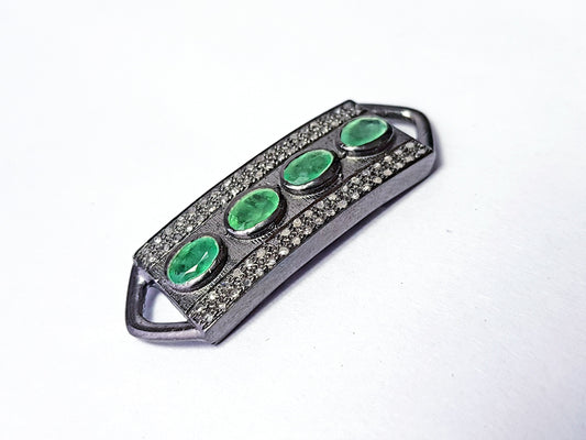 Pave Diamond Rosecut Connector 925 Sterling Silver Connector Handmade Diamond Bracelet Connector With Natural Emerald Green Stone Connector