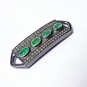 Pave Diamond Rosecut Connector 925 Sterling Silver Connector Handmade Diamond Bracelet Connector With Natural Emerald Green Stone Connector