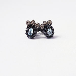 Pave Rosecut Diamond 925 Sterling Silver Handmade Pave Diamond Setting Earring Stud With Beautiful Black Stone And Blue Topaz