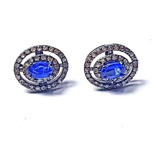 Pave Rosecut Diamond 925 Sterling Silver Handmade Pave Diamond Beautiful Oval Shaped Blue Color Kyanite Stone In Center Diamond Stud Earring