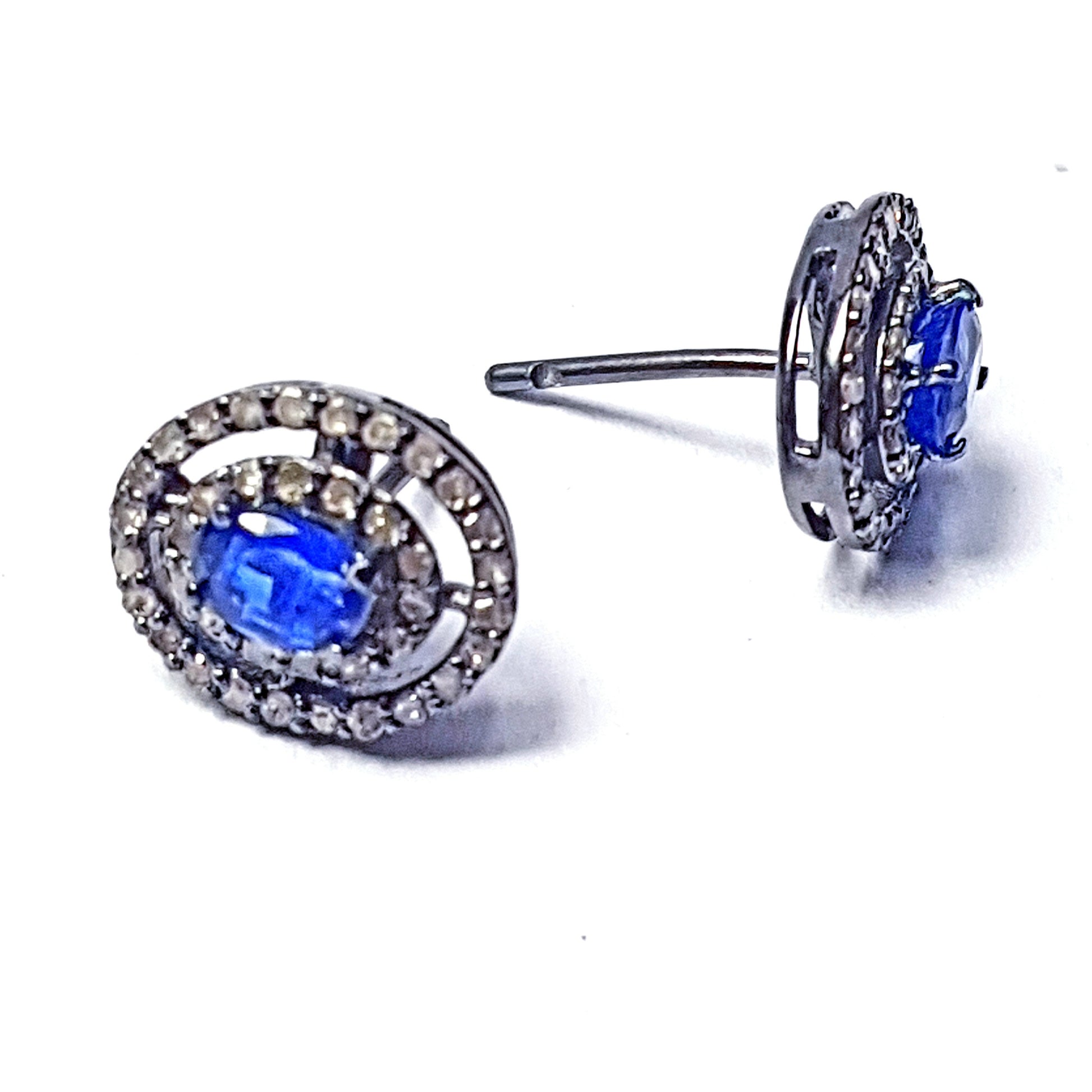 Pave Rosecut Diamond 925 Sterling Silver Handmade Pave Diamond Beautiful Oval Shaped Blue Color Kyanite Stone In Center Diamond Stud Earring