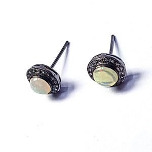 Pave rosecut diamond 925 sterling silver handmade very beautiful natural stone opal and diamond pave stud earrings