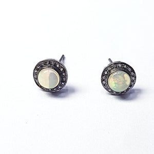 Pave rosecut diamond 925 sterling silver handmade very beautiful natural stone opal and diamond pave stud earrings