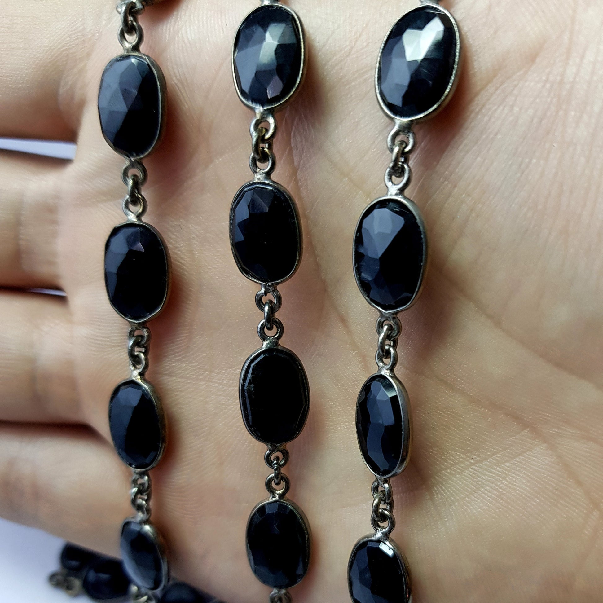 Checker cut black spinnel color stone  handmade bezel settings link chains,stone chain jewelry supplies chunkey chain