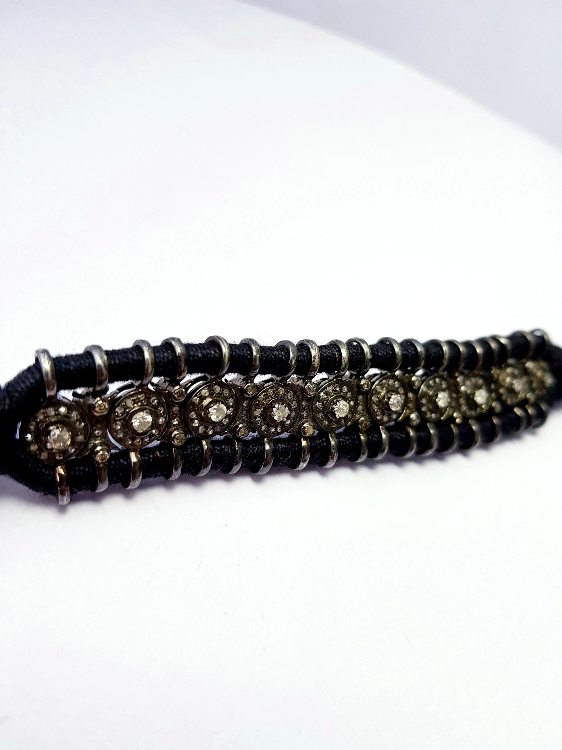 Rocecut pave diamond bangle 925 sterling silver handmade finish diamond black thread macrame bracelet , bengle