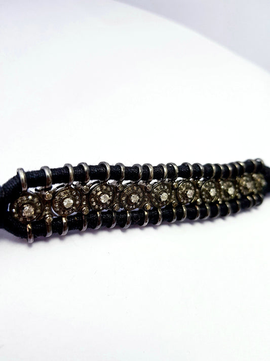 Rocecut pave diamond bangle 925 sterling silver handmade finish diamond black thread macrame bracelet , bengle