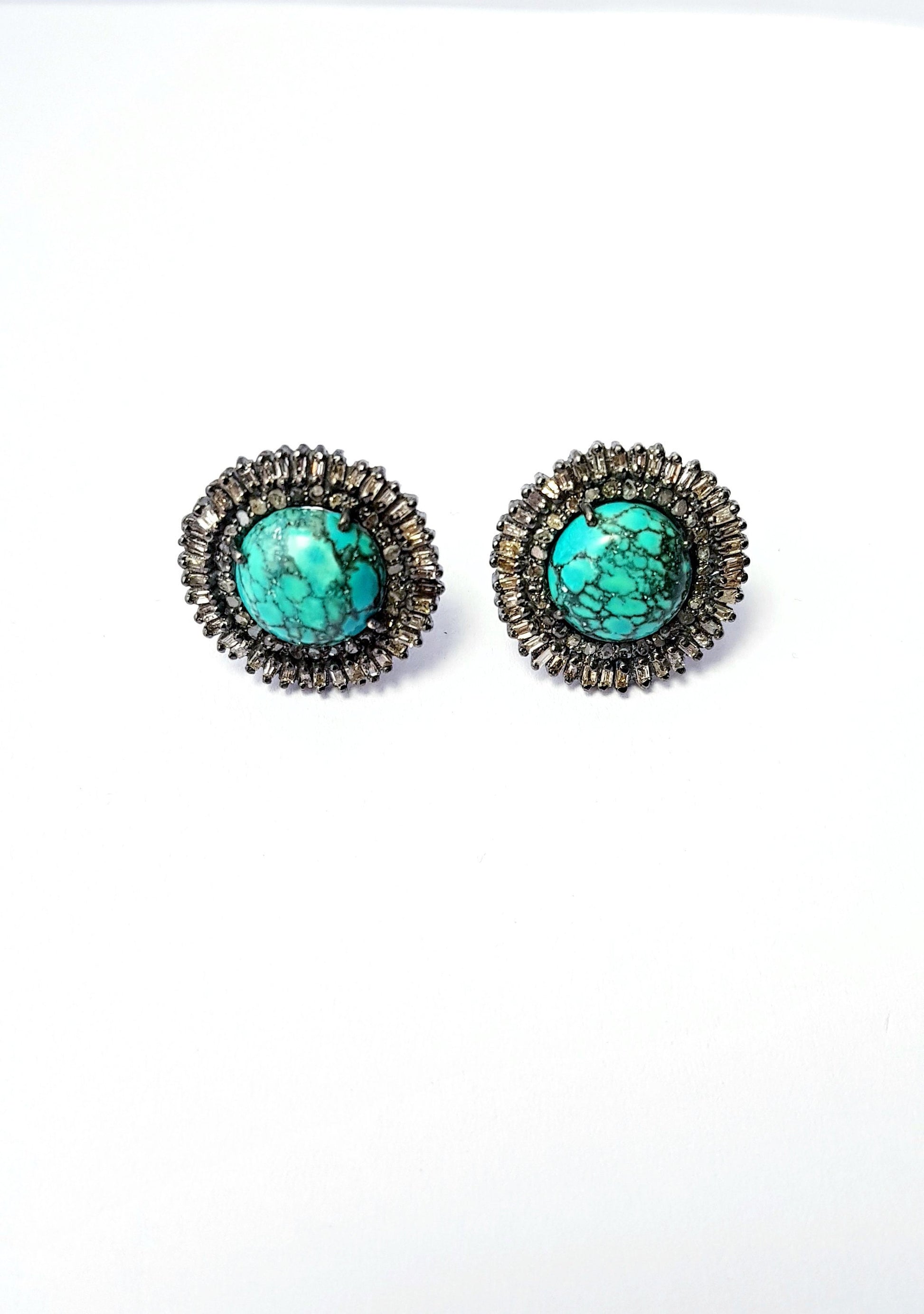 Latest designer Rosecut pave diamond stud earrings 925 sterling silver handmade silver finish turquoise baguettes diamond stud earring