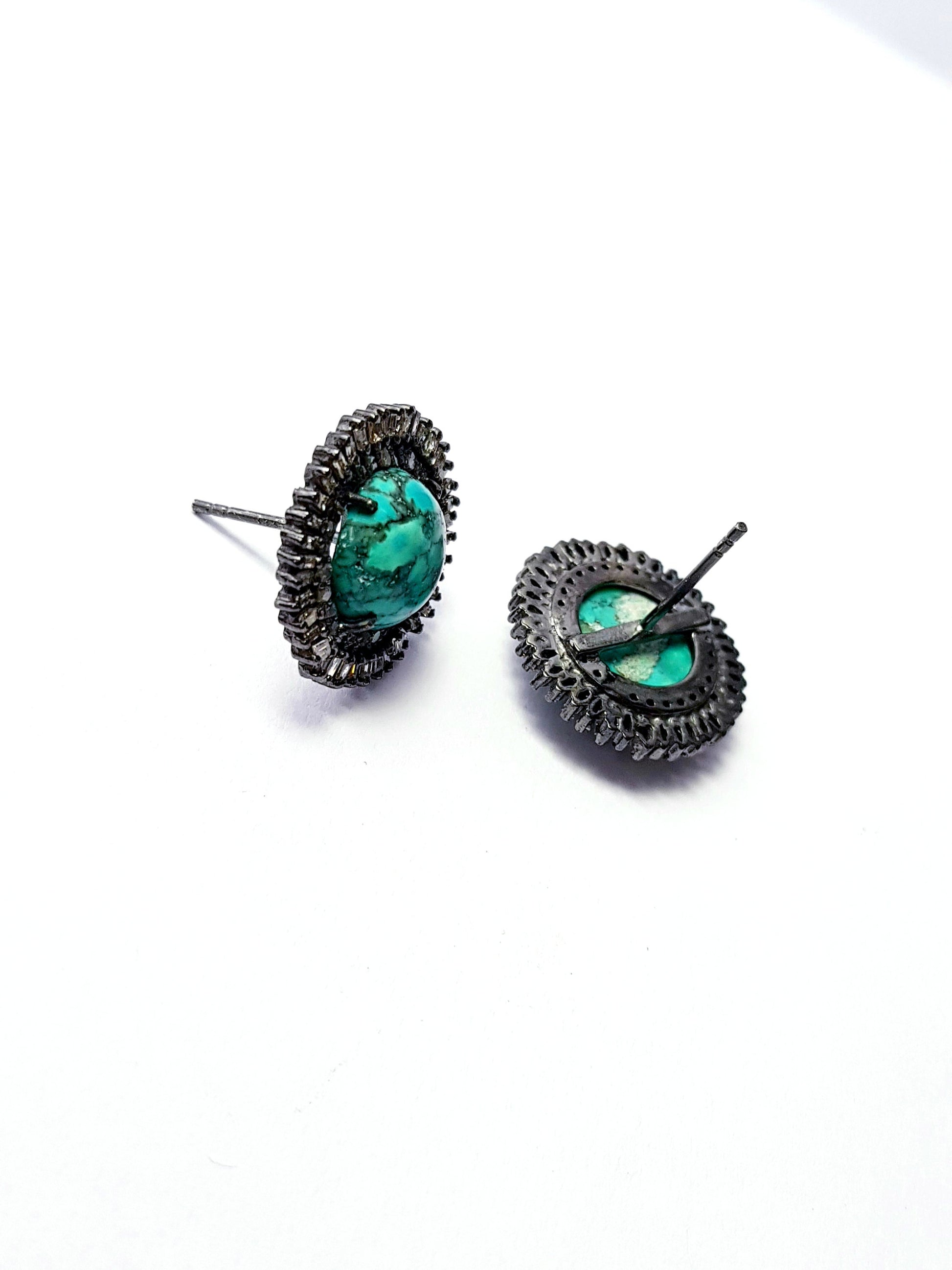 Latest designer Rosecut pave diamond stud earrings 925 sterling silver handmade silver finish turquoise baguettes diamond stud earring