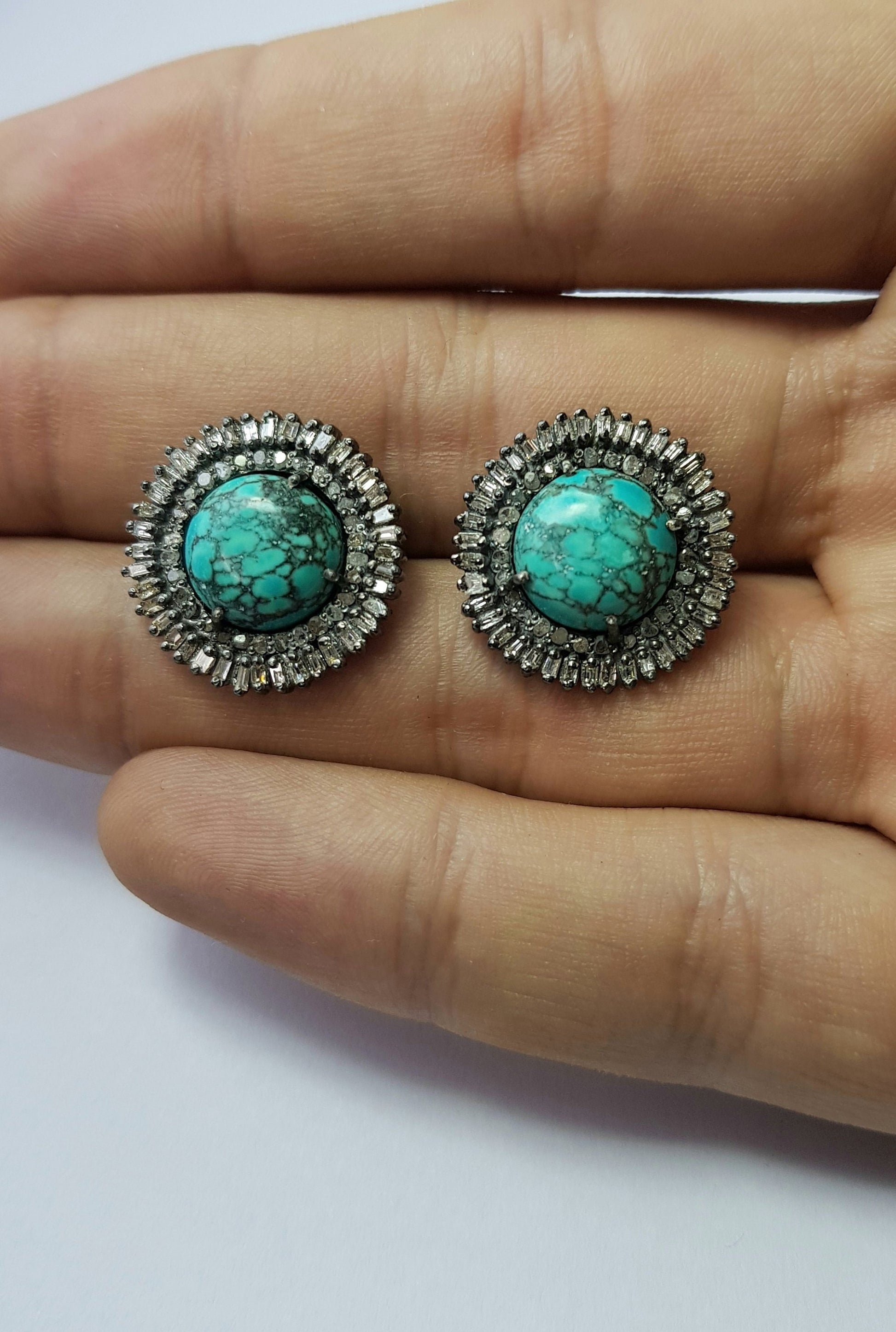 Latest designer Rosecut pave diamond stud earrings 925 sterling silver handmade silver finish turquoise baguettes diamond stud earring