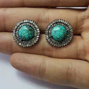 Latest designer Rosecut pave diamond stud earrings 925 sterling silver handmade silver finish turquoise baguettes diamond stud earring