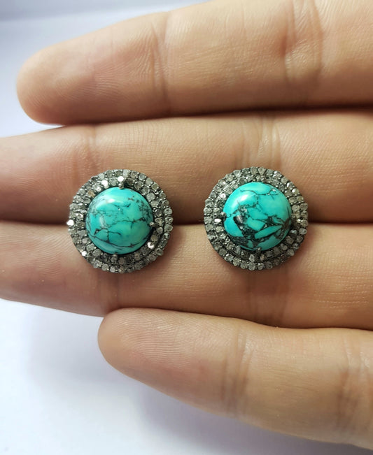 Latest designer Rosecut pave diamond stud earrings 925 sterling silver handmade silver finish turquoise beautiful diamond stud earring