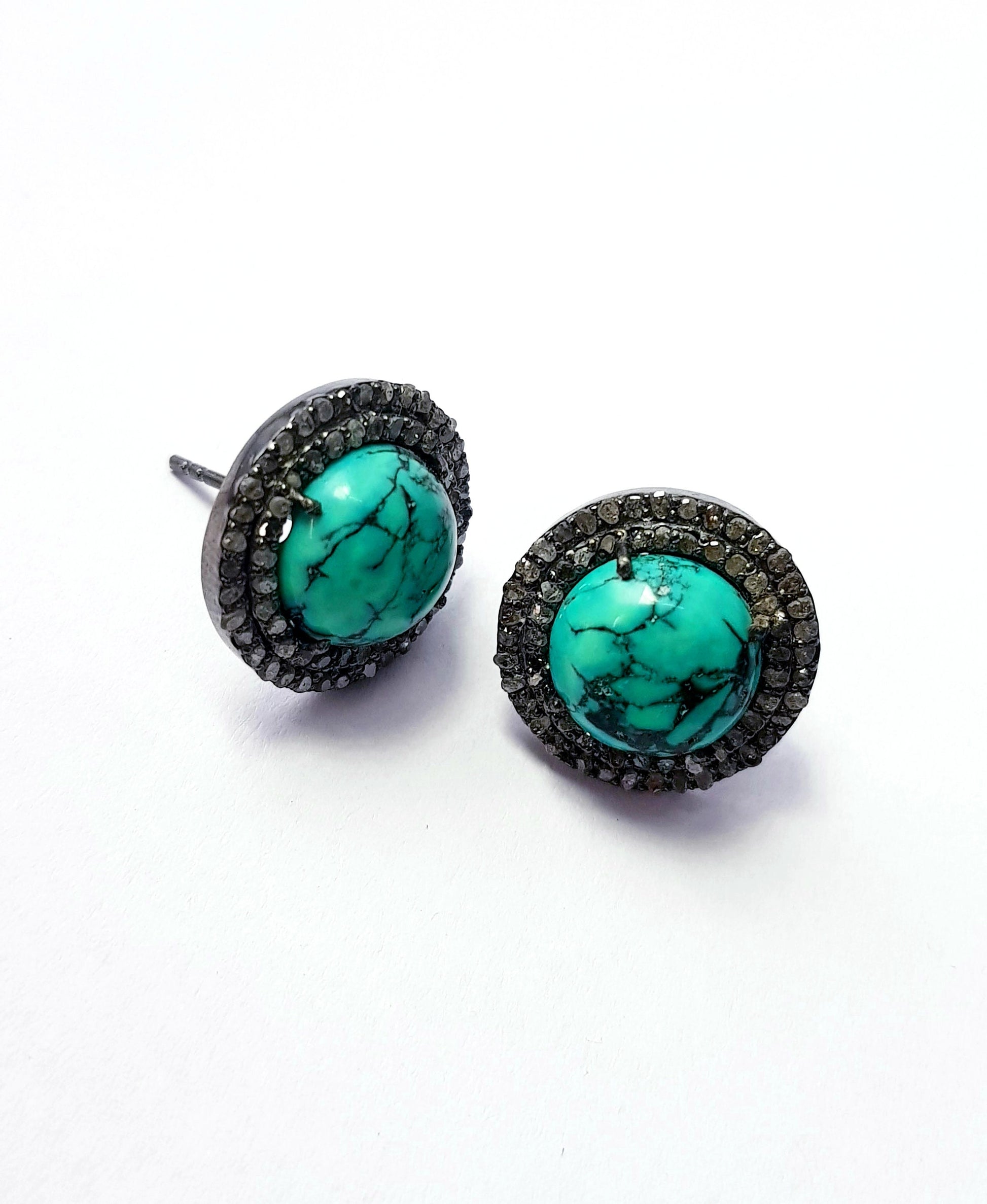 Latest designer Rosecut pave diamond stud earrings 925 sterling silver handmade silver finish turquoise beautiful diamond stud earring