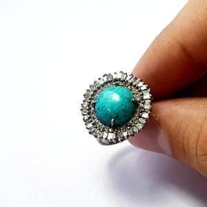 Very Beautiful Designer Rosecut Pave Diamond Rings 925 Sterling Silver Handmade Silver Turquoise Baguettes Finish Diamond Ring