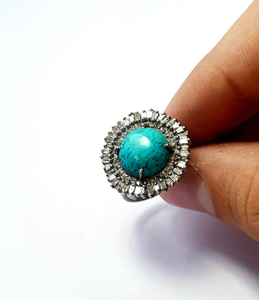 Rosecut pave diamond baguettes natural turqoise ring gemstone ring natural diamond gemstone ring sterling silver antique look oxidised ring