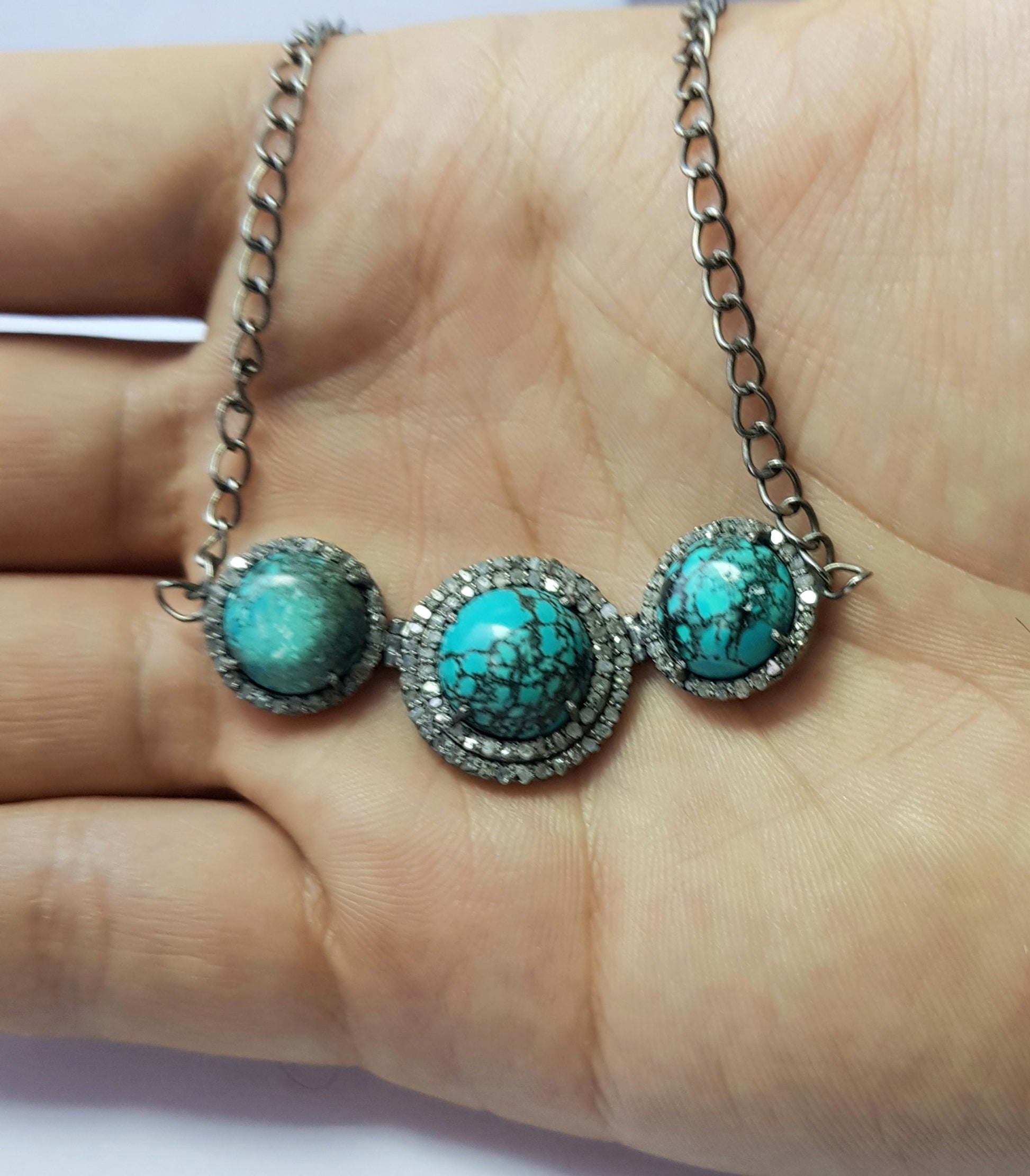 Beautiful Deisgner Rosecut Pave Diamond Necklace 925 Sterling Silver Handmade Finish Turquoise Stone Design Diamond Necklace Pendant Jewelry