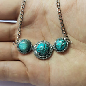 Beautiful Deisgner Rosecut Pave Diamond Necklace 925 Sterling Silver Handmade Finish Turquoise Stone Design Diamond Necklace Pendant Jewelry