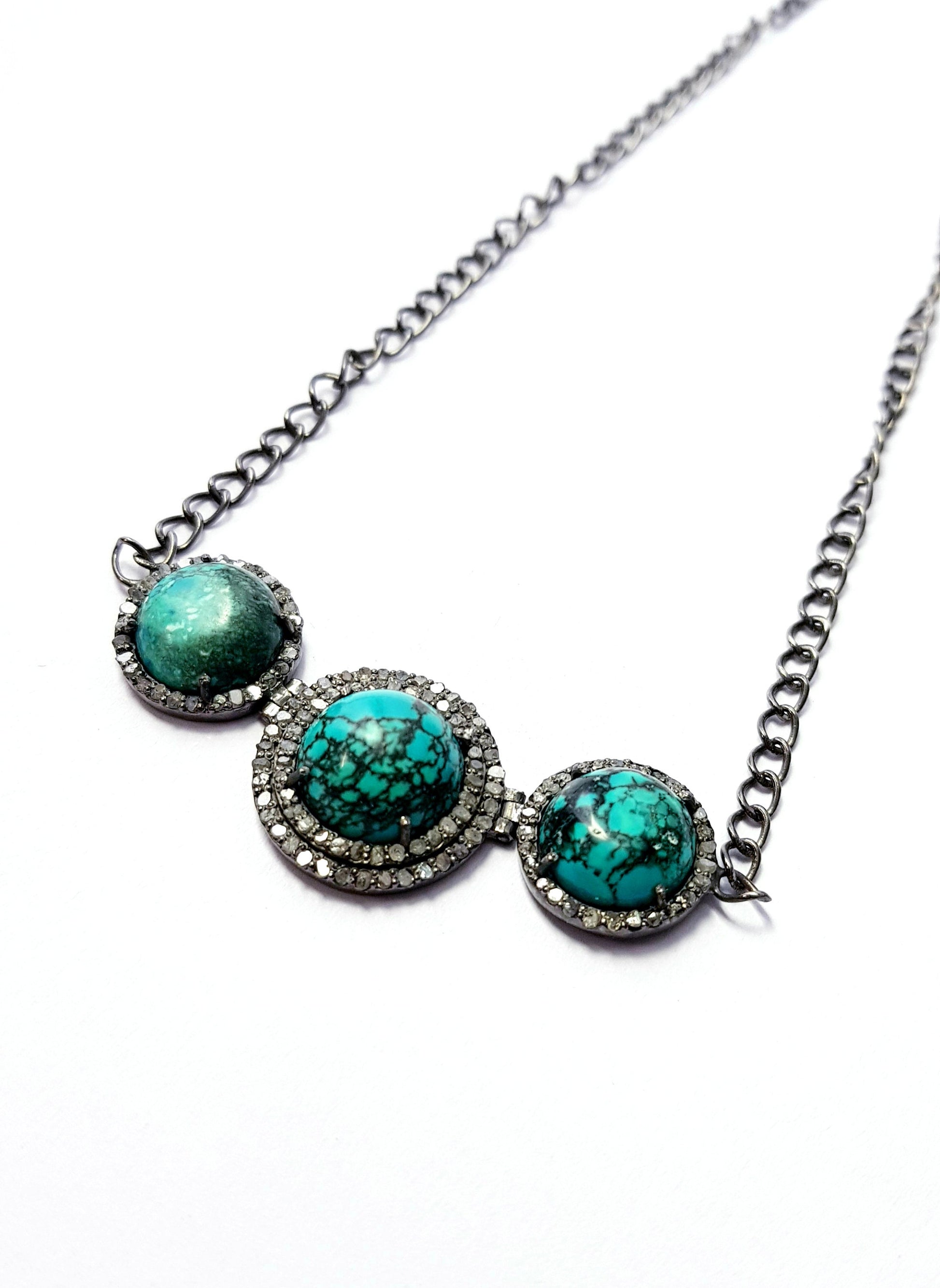 Beautiful Deisgner Rosecut Pave Diamond Necklace 925 Sterling Silver Handmade Finish Turquoise Stone Design Diamond Necklace Pendant Jewelry