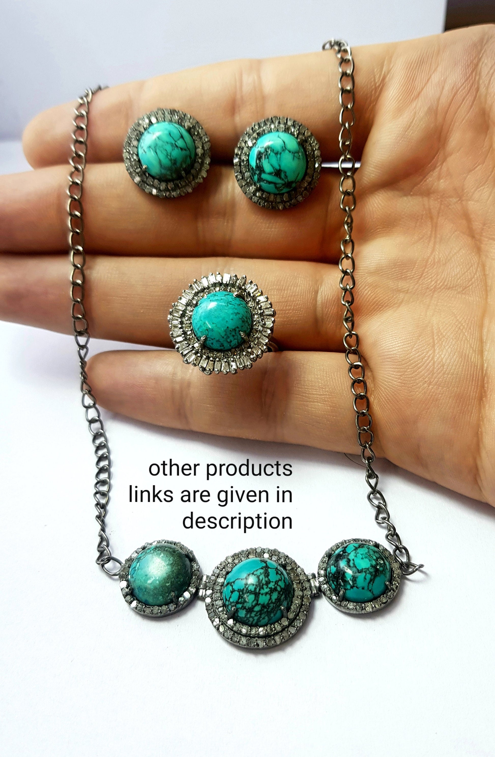 Beautiful Deisgner Rosecut Pave Diamond Necklace 925 Sterling Silver Handmade Finish Turquoise Stone Design Diamond Necklace Pendant Jewelry