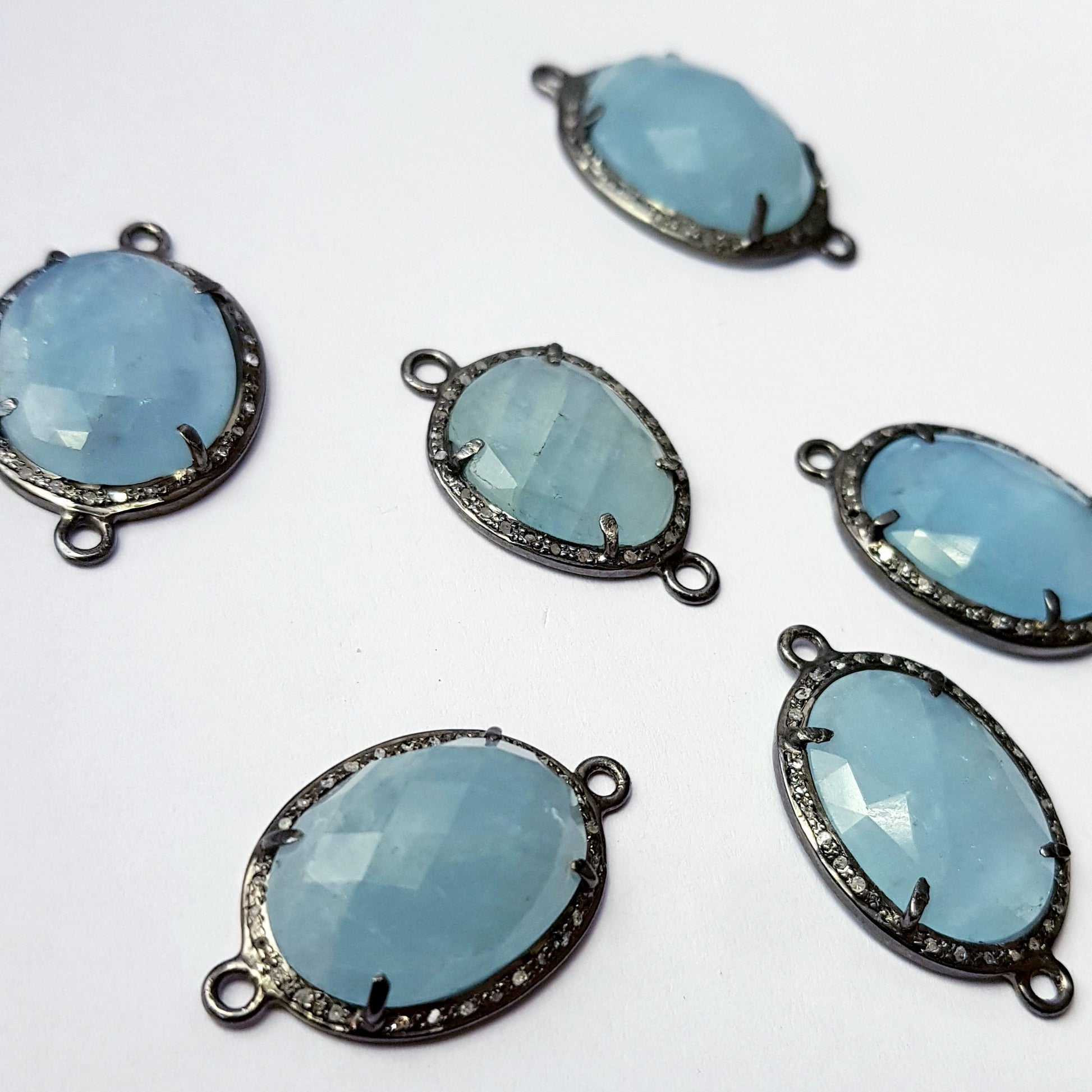 Checkercut aqua Chelsy natural  color stone 925 sterling silver handmade pave diamond setting vermeil oxidised silver connector