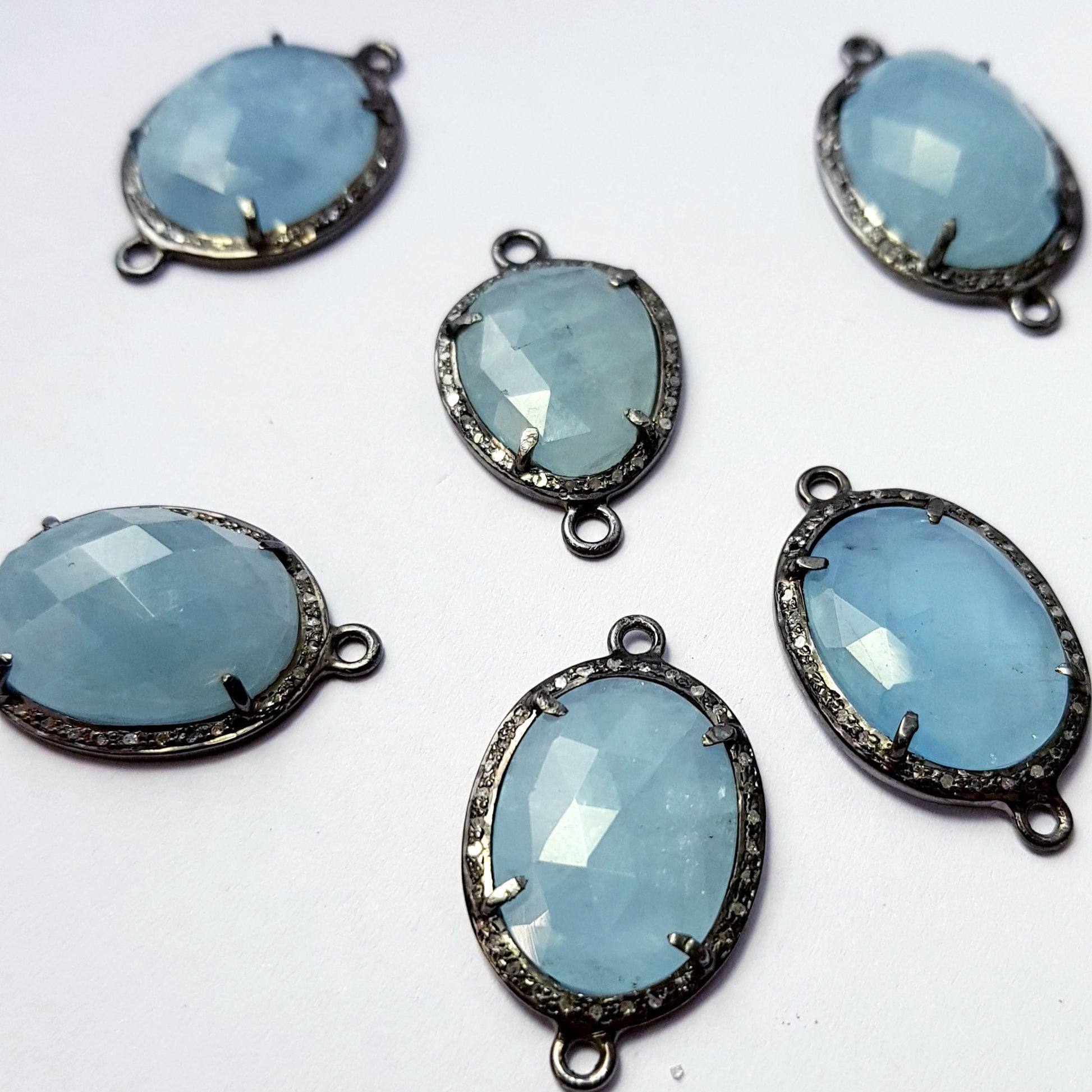 Checkercut aqua Chelsy natural  color stone 925 sterling silver handmade pave diamond setting vermeil oxidised silver connector