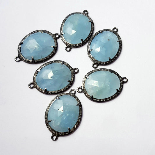 Checkercut Aqua Chelsy Colour Natural Stone 925 Sterling Silver Handmade Pave Diamond Setting Rosecut Diamond Silver Connector