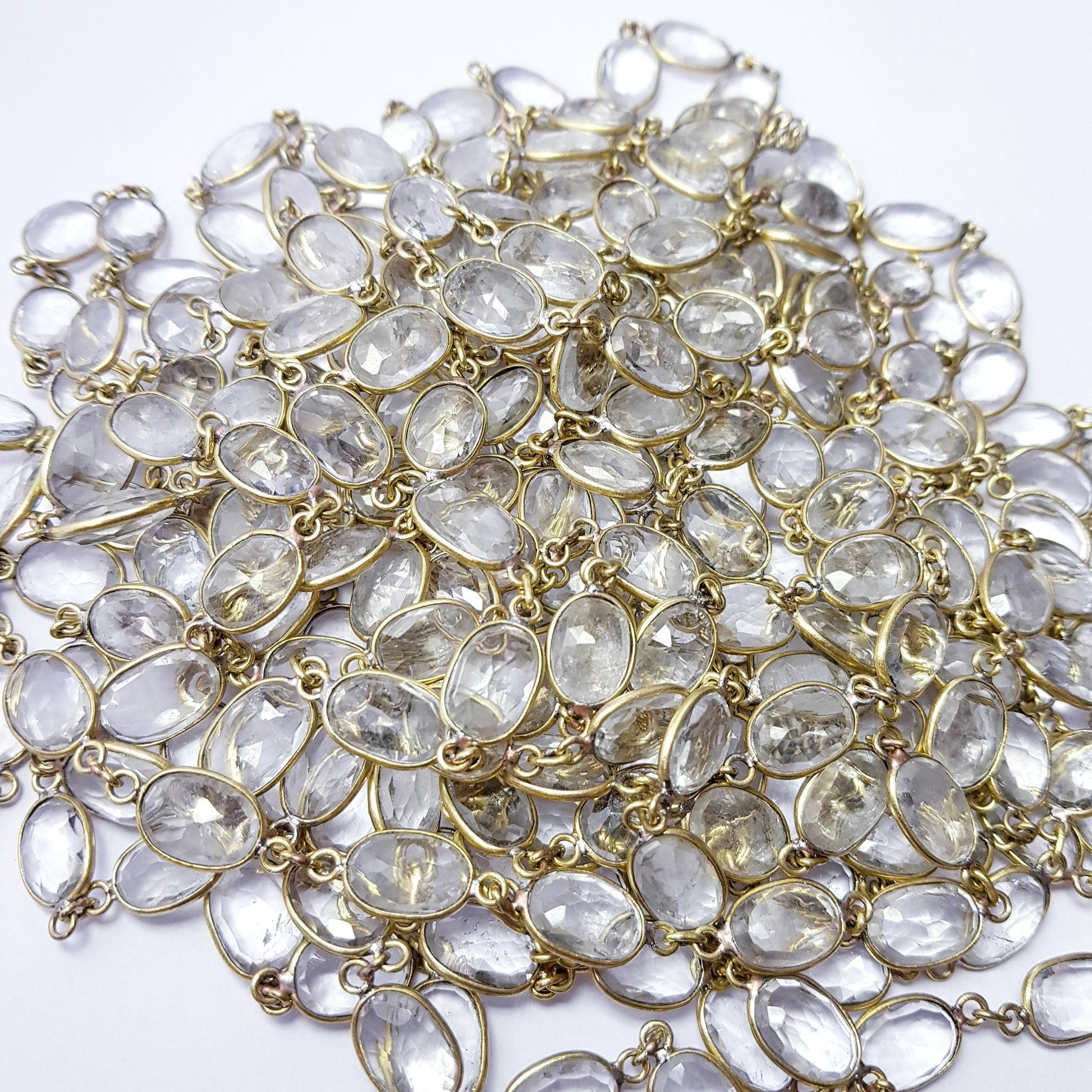Fine quality clear natural crystal  stone handmade bezel settings link chain, healing natural stone crystal designer link chain