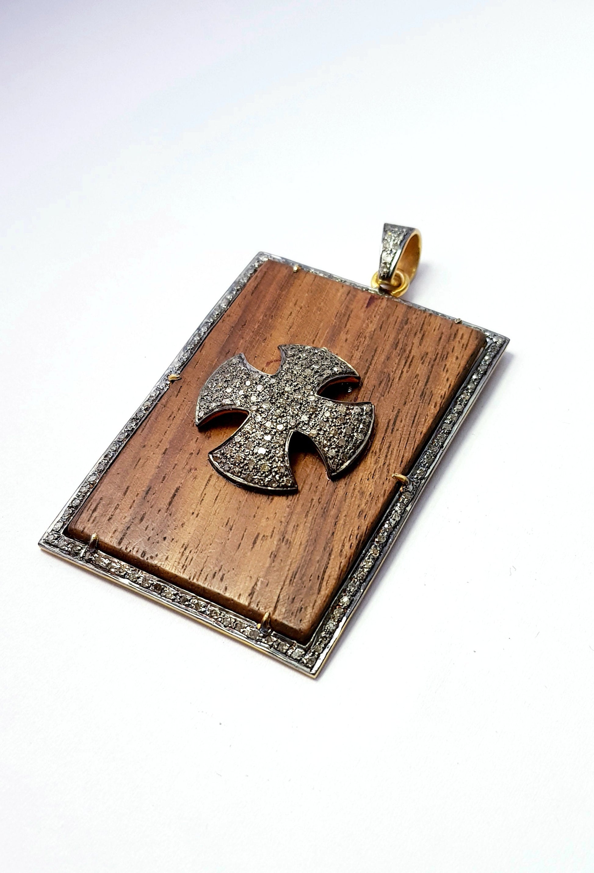 Wooden pave diamond pendant 925 sterling silver handmade finish cross design diamond pendant jewelry