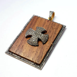 Wooden pave diamond pendant 925 sterling silver handmade finish cross design diamond pendant jewelry