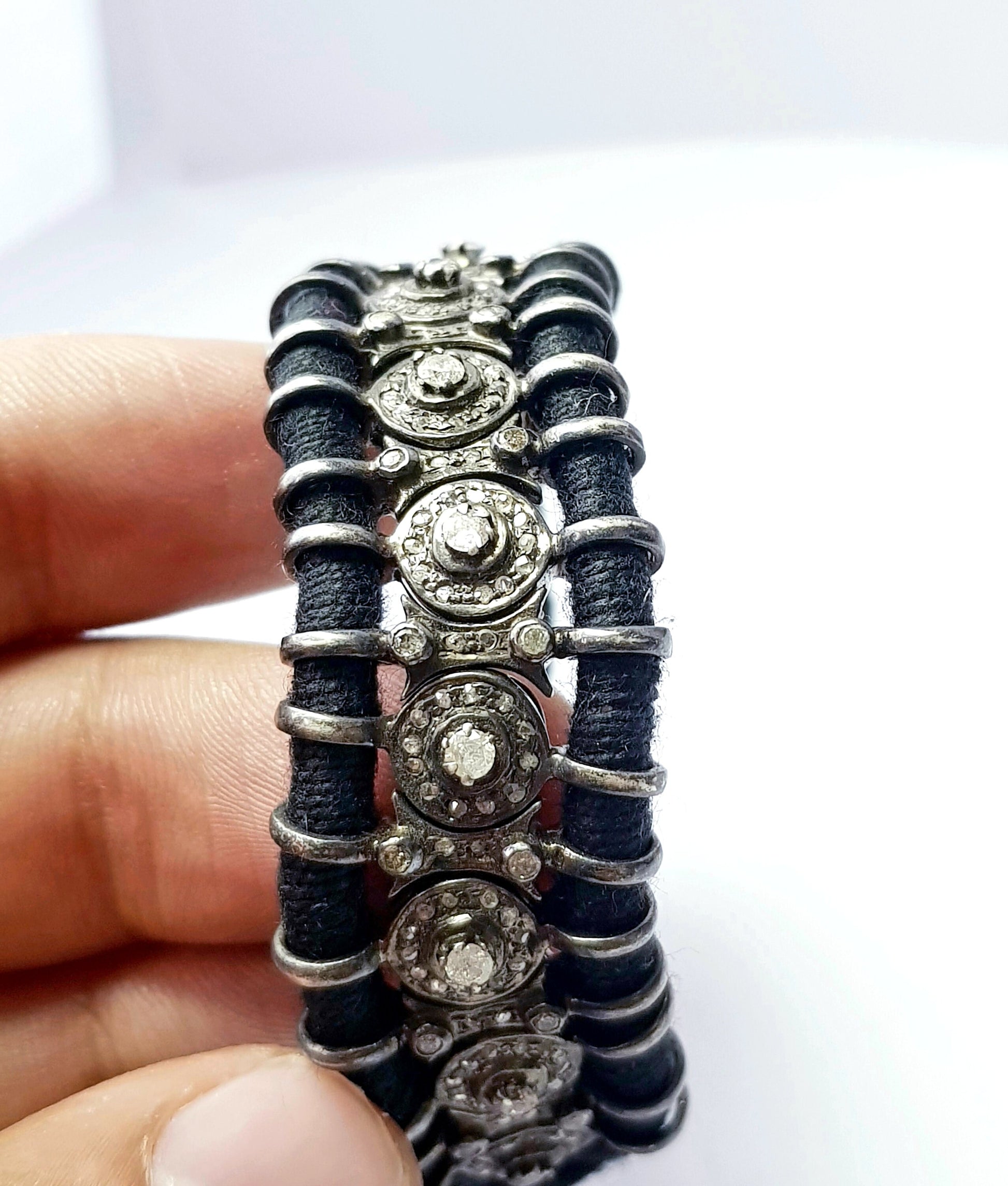 Rocecut pave diamond bangle 925 sterling silver handmade finish diamond black thread macrame bracelet , bengle