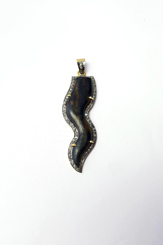 Beautiful Designer Wooden Pave Diamond Pendant 925 Sterling Silver Handmade Finish Diamond Pendant Jewelry
