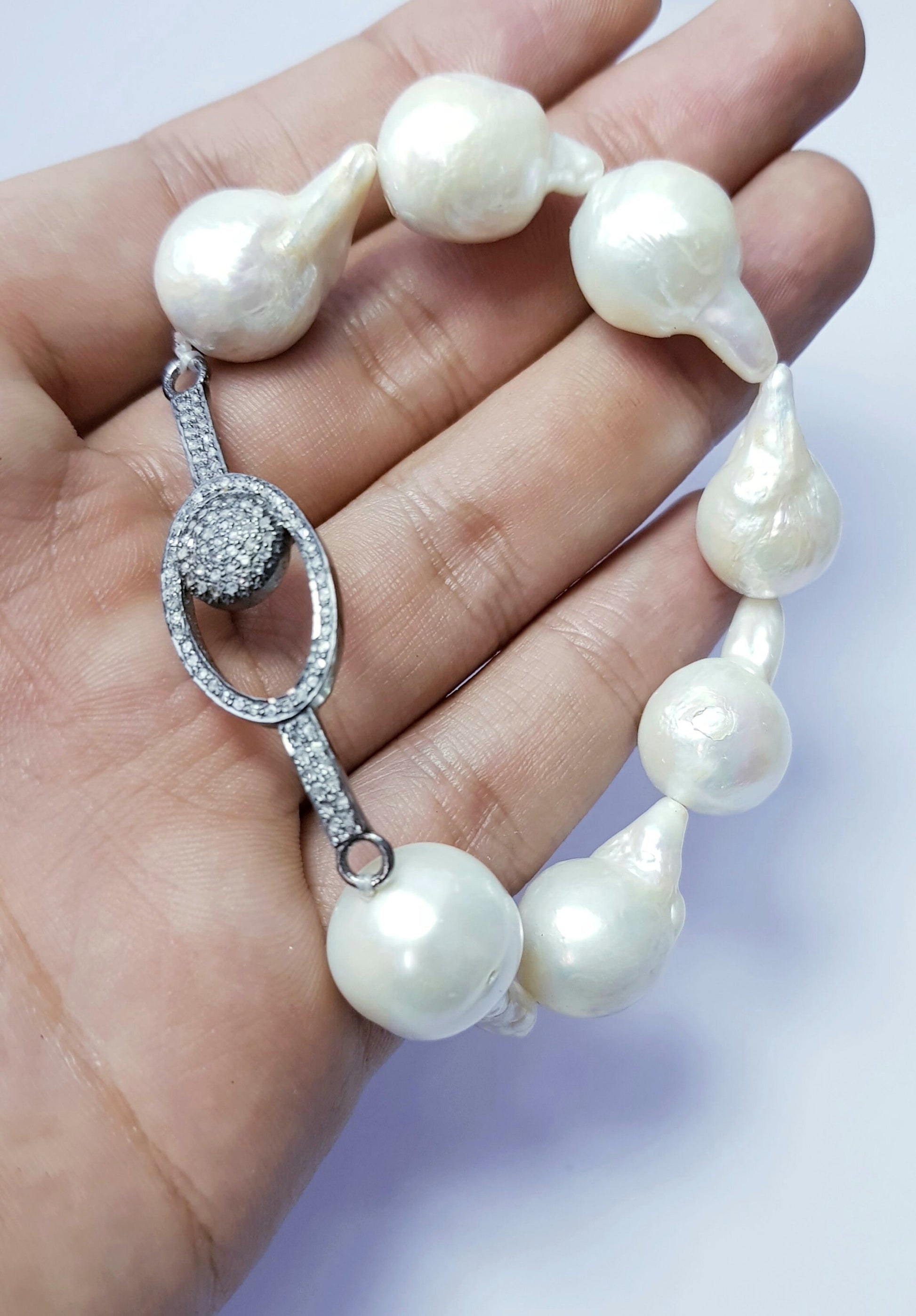 Beautiful Rosecut Pave Diamond Pearl Bracelet 925 Sterling Silver Handmade Finish Diamond Connector Pearl Bracelet