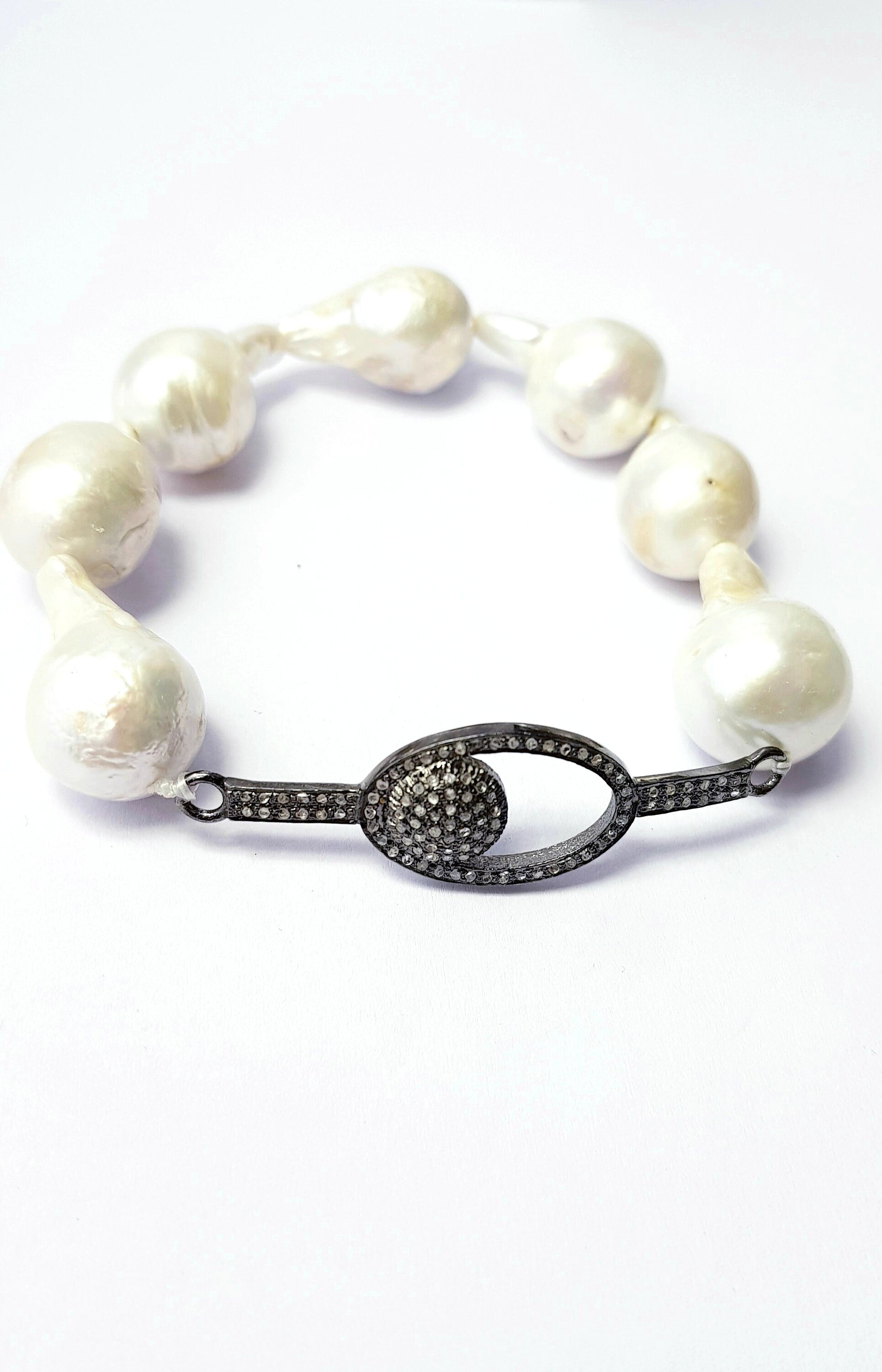 Beautiful Rosecut Pave Diamond Pearl Bracelet 925 Sterling Silver Handmade Finish Diamond Connector Pearl Bracelet