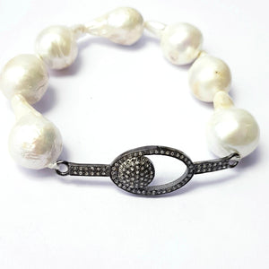 Beautiful Rosecut Pave Diamond Pearl Bracelet 925 Sterling Silver Handmade Finish Diamond Connector Pearl Bracelet