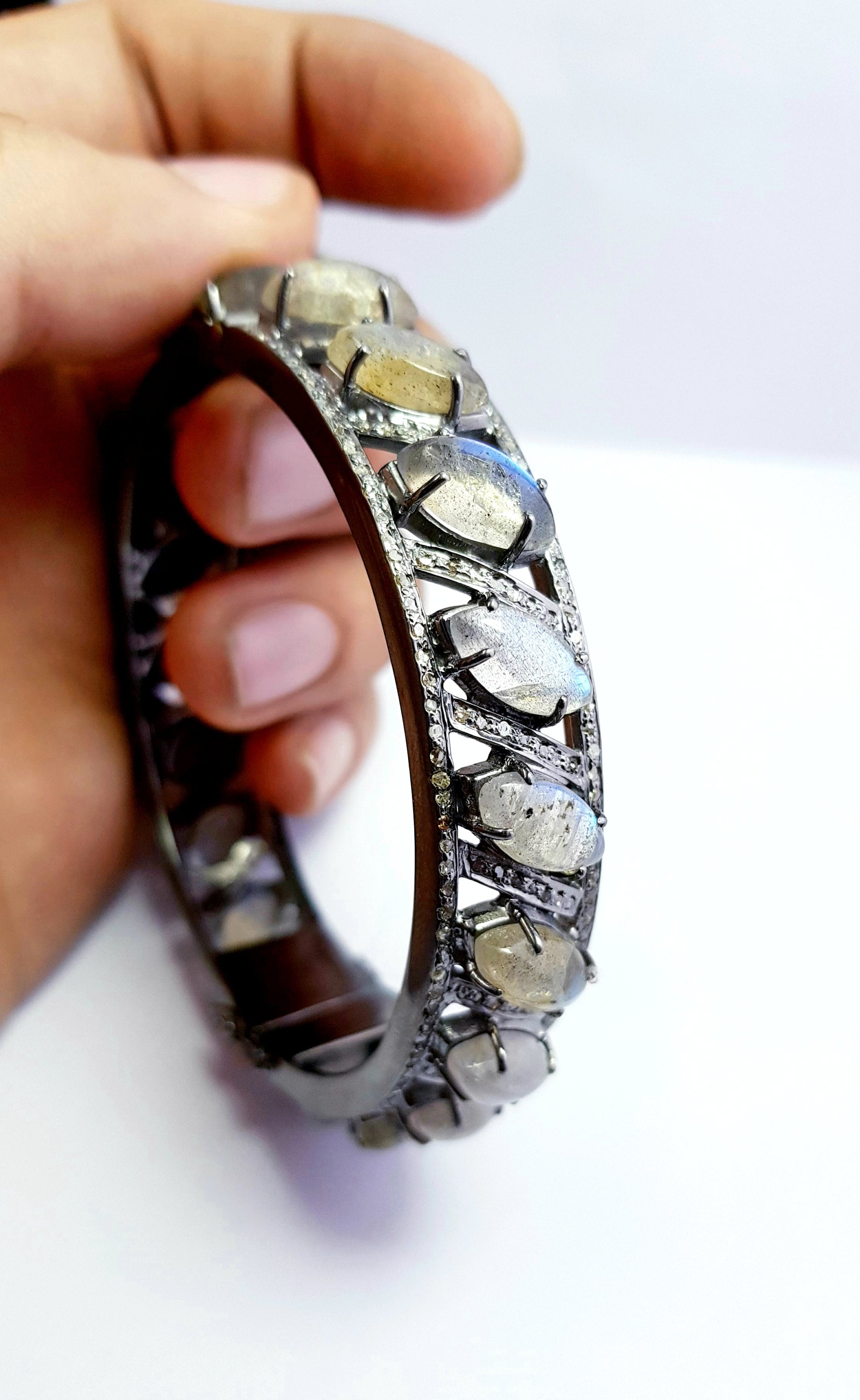 Beautiful Rosecut Pave Diamond Bangle 925 Sterling Silver Handmade Finish Natural Labrodorite Stone With Conflict Free Diamond Bangle