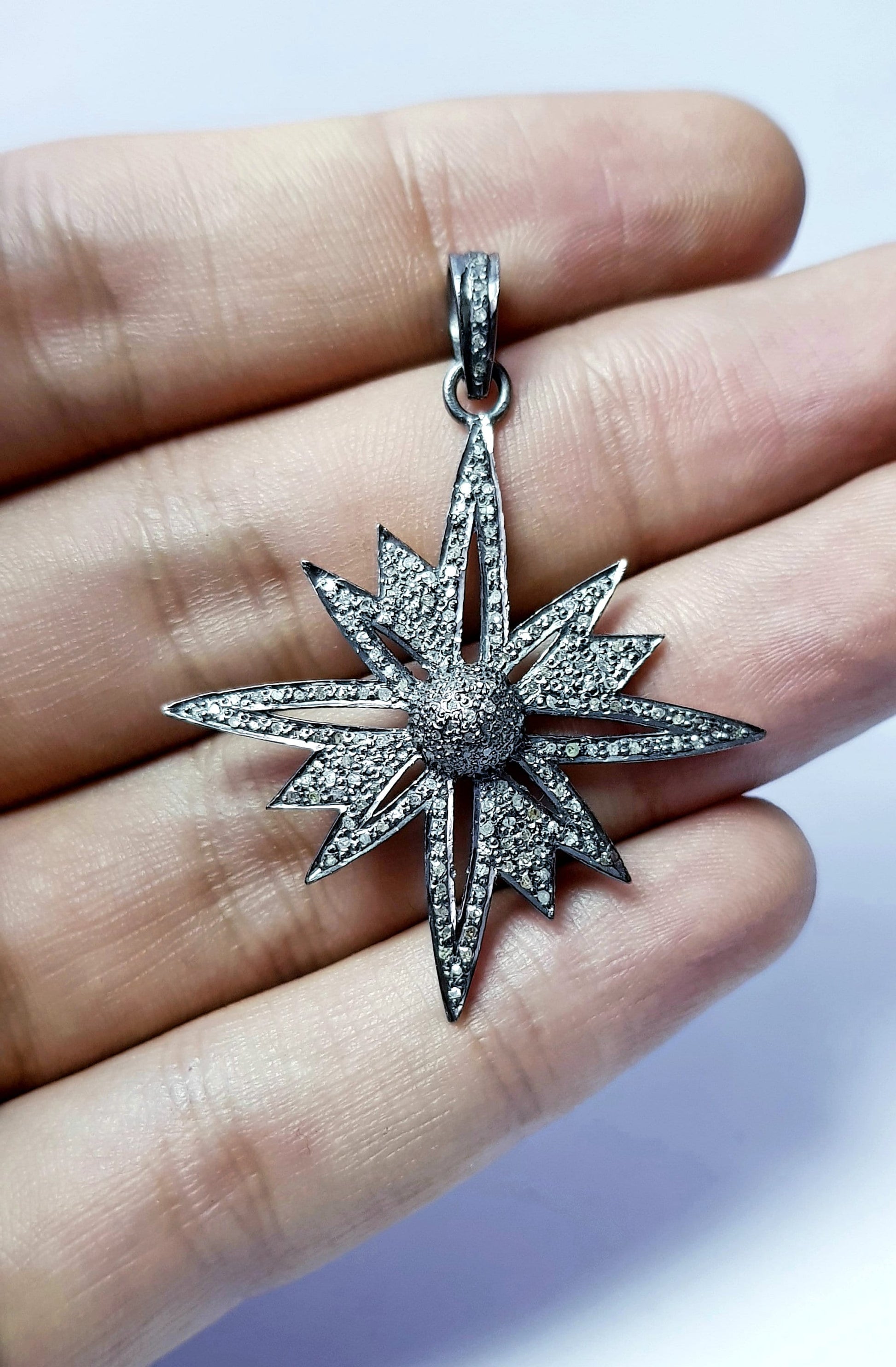 Beautiful Starburst Design Rosecut Pave Diamond Pendant 925 Sterling Silver Handmade Finish Diamond Pendant Jewelry