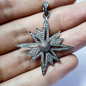 Beautiful Starburst Design Rosecut Pave Diamond Pendant 925 Sterling Silver Handmade Finish Diamond Pendant Jewelry