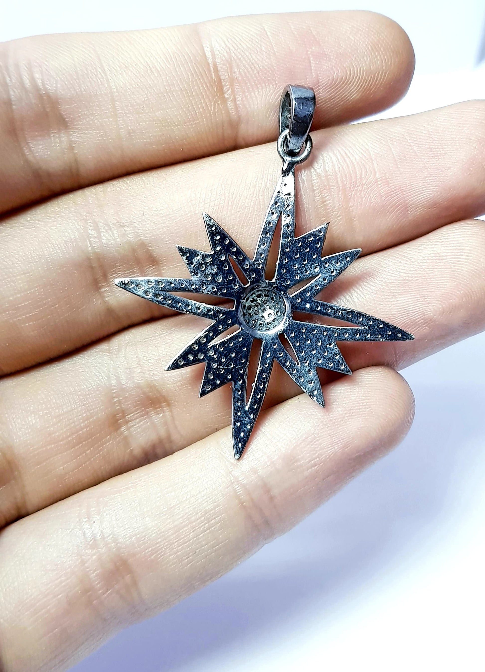 Beautiful Starburst Design Rosecut Pave Diamond Pendant 925 Sterling Silver Handmade Finish Diamond Pendant Jewelry