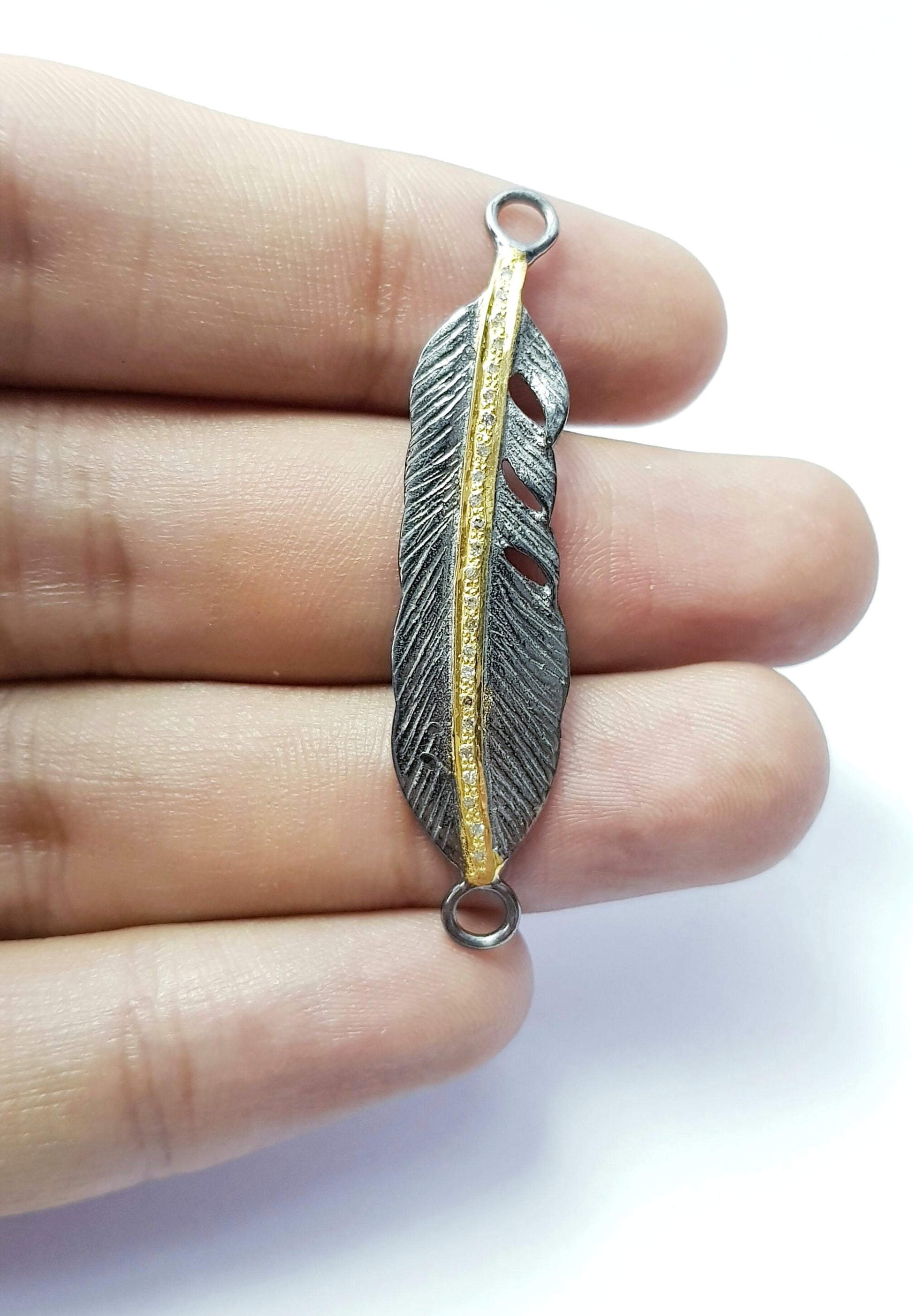 Very Beautiful Feather Rosecut Pave Diamond Bracelet Connector 925 Sterling Silver Handmade Finish Diamond Connector Charms