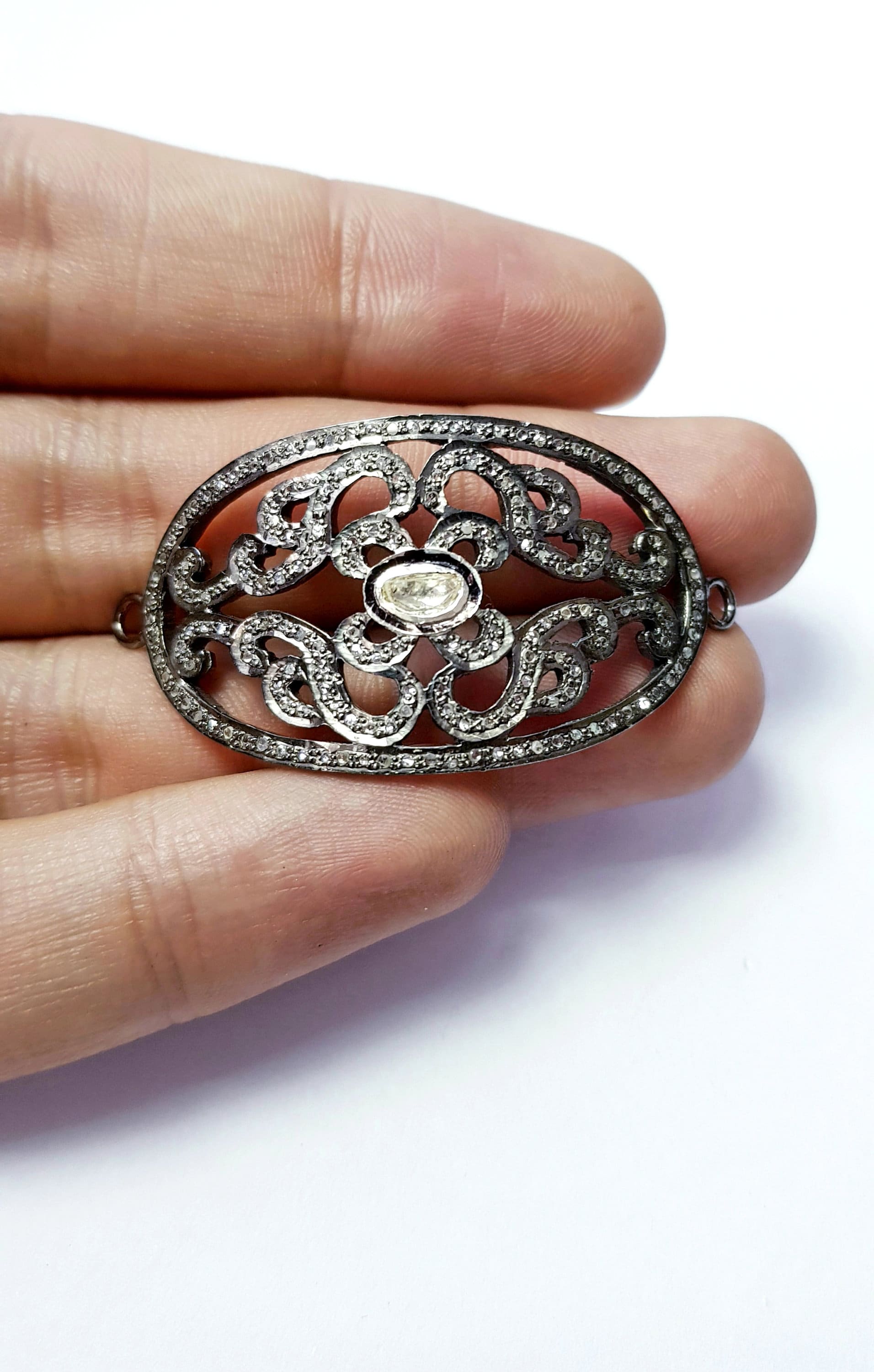 Antique Look Oval Shaped Rosecut Pave Diamond Bracelet Connector 925 Sterling Silver Handmade Finish Diamond Pendant Charms