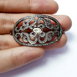 Antique Look Oval Shaped Rosecut Pave Diamond Bracelet Connector 925 Sterling Silver Handmade Finish Diamond Pendant Charms