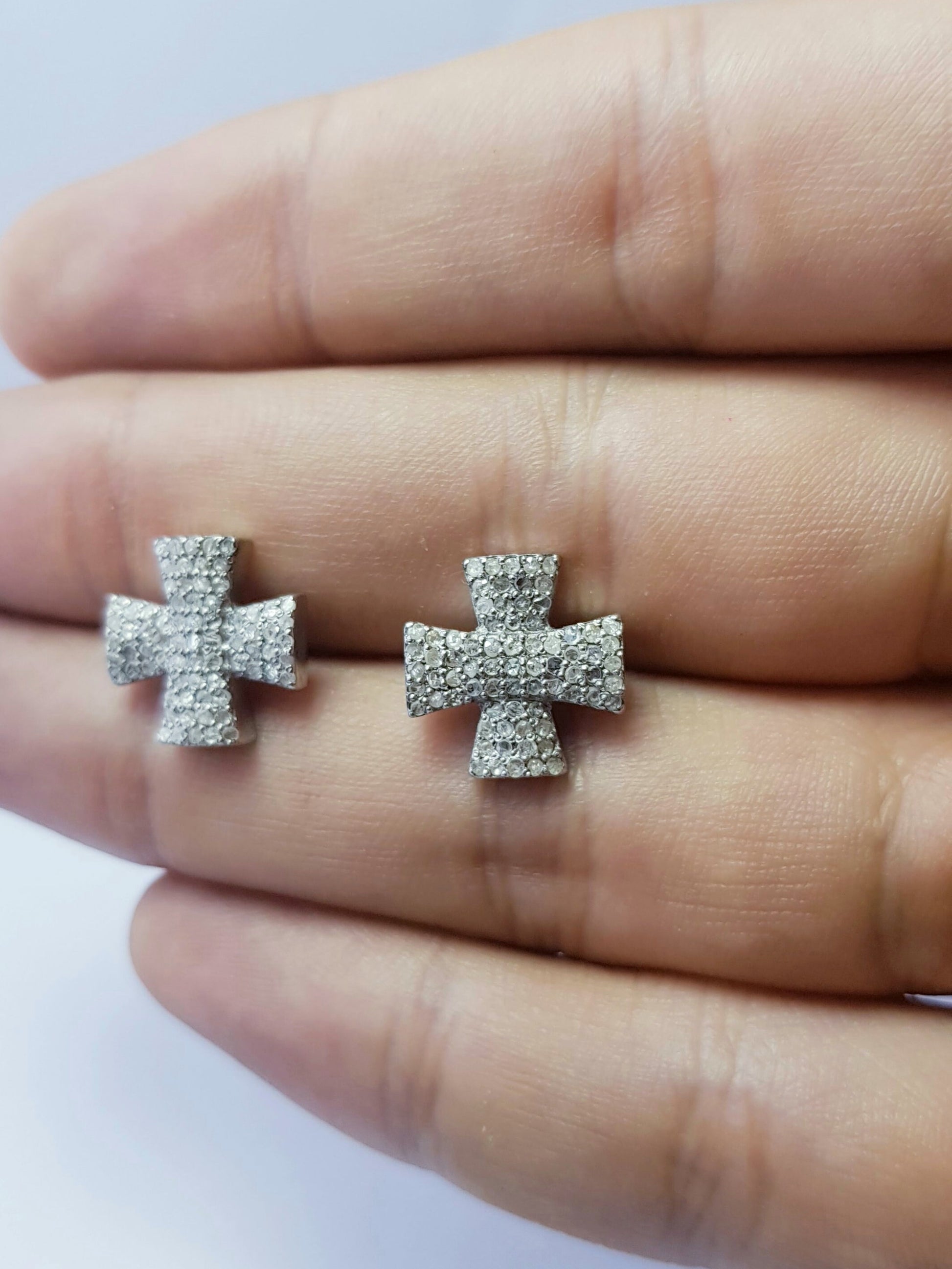 Beautiful Design Rosecut Pave Diamond Stud Earrings 925 Sterling Silver Handmade Silver Finish Cross Shaped Designer Diamond Stud Earrings