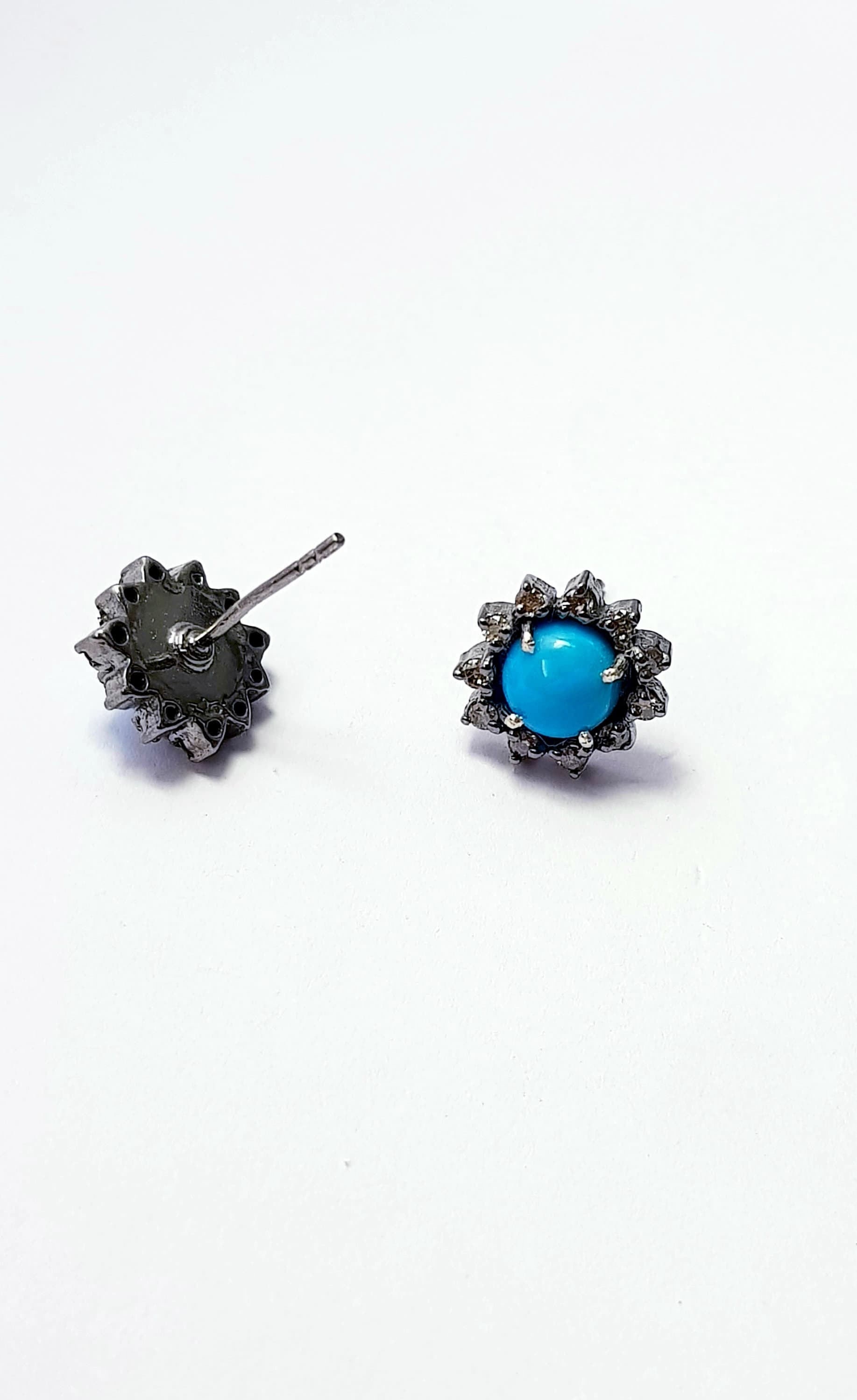 Latest Designer Rosecut Pave Diamond Stud Earrings 925 Sterling Silver Handmade Silver Finish Turquoise Diamond Stud Earrings