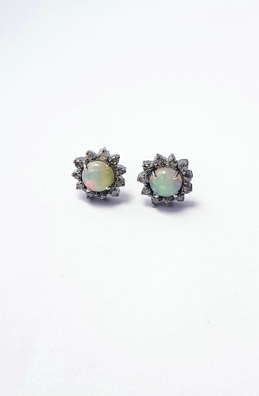 Beautiful Opal Designer Rosecut Pave Diamond Stud Earrings 925 Sterling Silver Handmade Silver Finish Diamond Stud Earrings