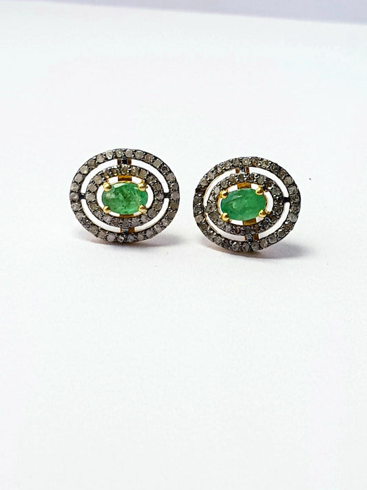 Beautiful Designer Rosecut Pave Diamond Stud Earrings 925 Sterling Silver Handmade Silver Finish Real Emerald Diamond Stud Earrings Charms