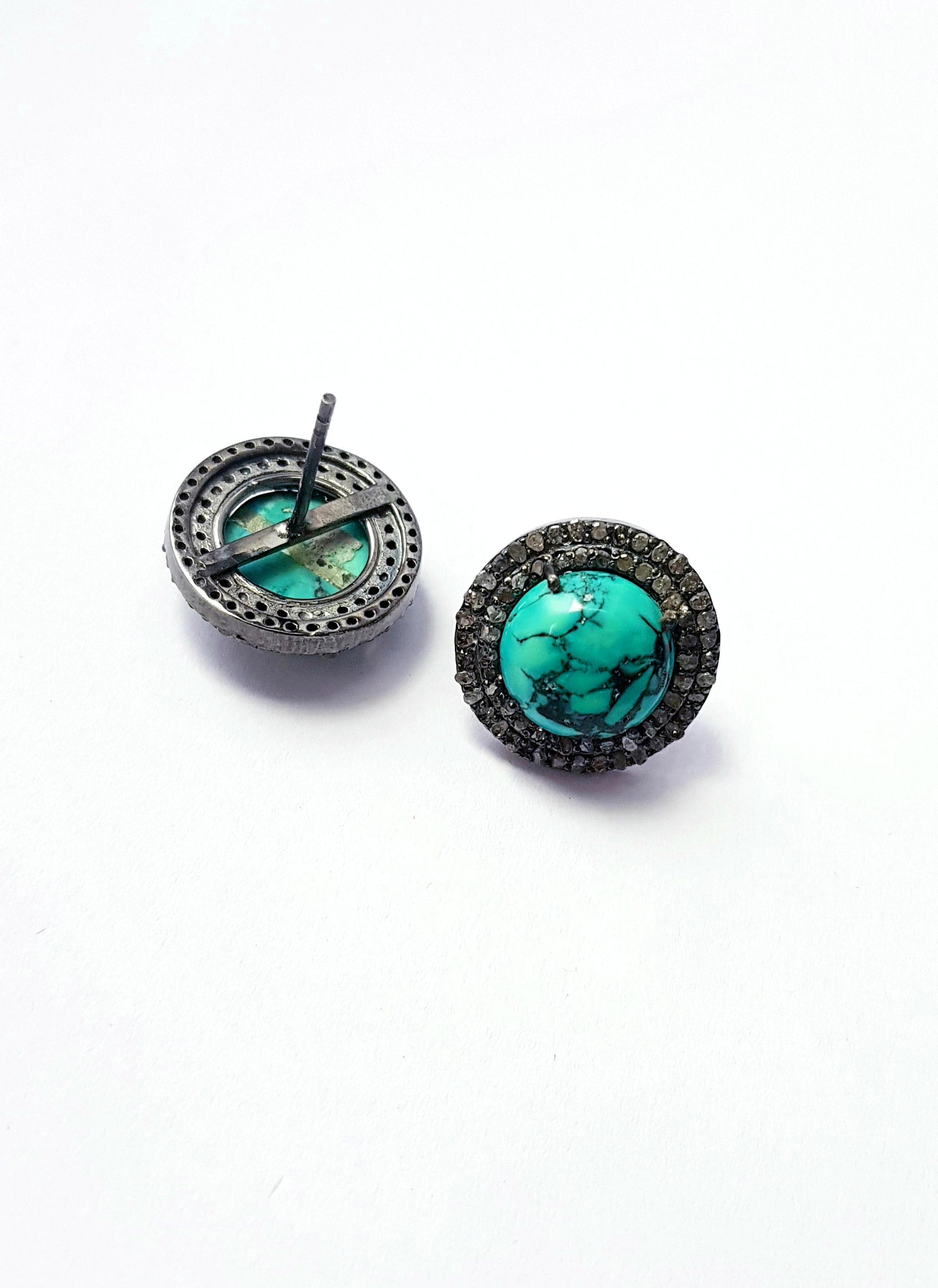 Latest designer Rosecut pave diamond stud earrings 925 sterling silver handmade silver finish turquoise beautiful diamond stud earring